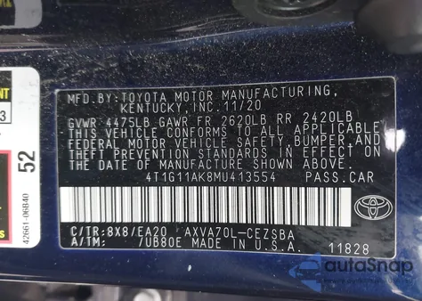 2021 Toyota Camry Se из США, поврежденный, VIN 4T1G11AK8MU413554